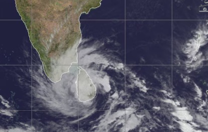 Satellite view of Cyclone Ditwah approaching Coastal Andhra with heavy rainfall expected.