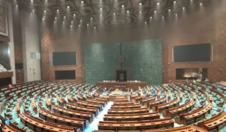 Indian Parliament building with headline overlay: Winter Session 2025 — Bills, SIR, Vande Mataram.