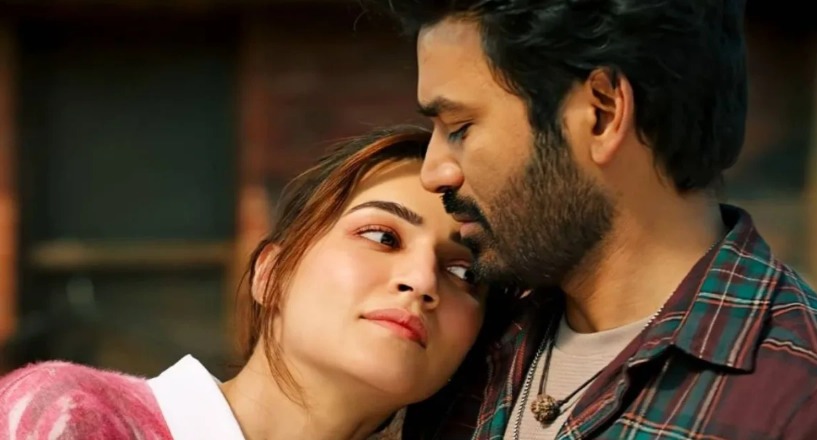 Dhanush and Kriti Sanon in Tere Ishk Mein movie still with box office report overlay.