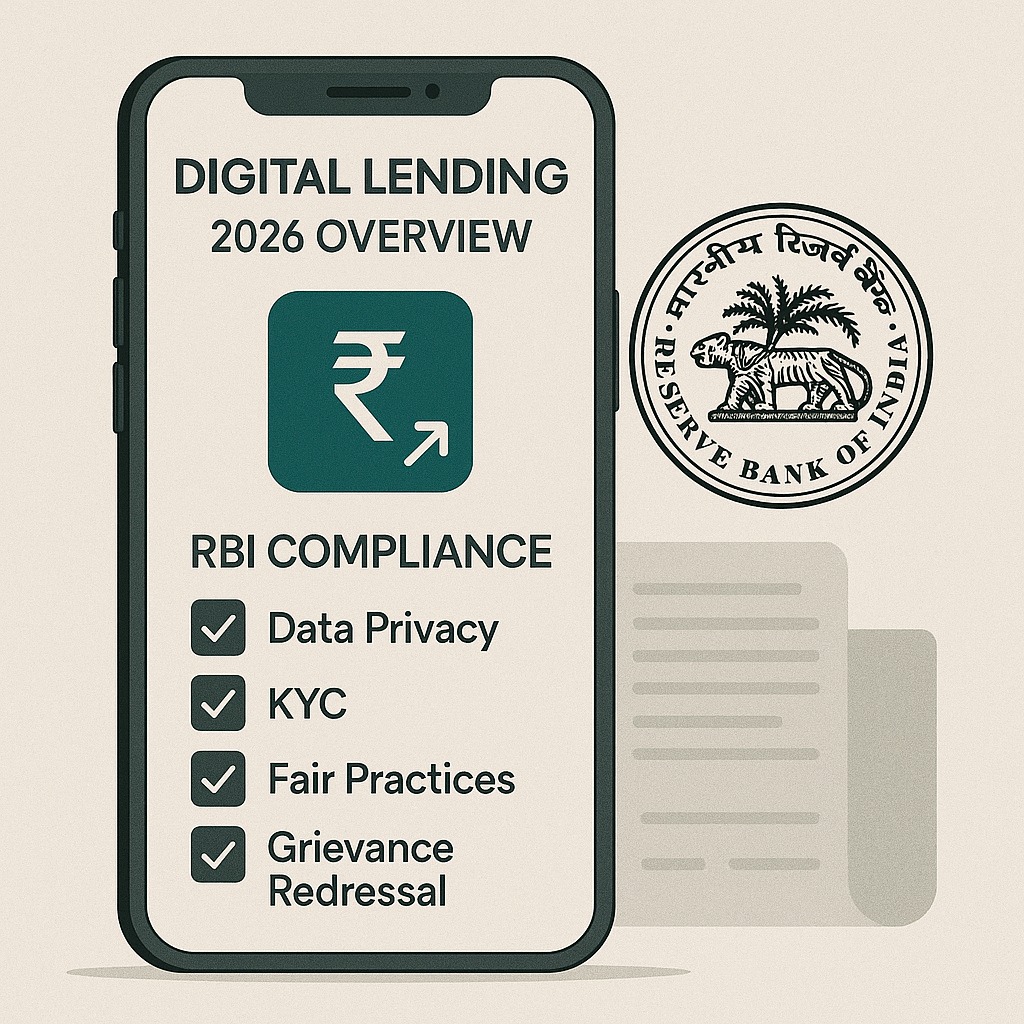 Digital lending guidelines 2026 overview showing mobile loan apps with RBI compliance checklist