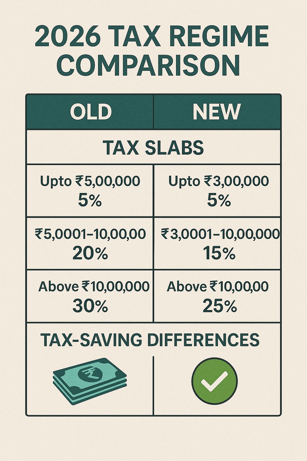2026 tax regime comparison chart showing old vs new tax slabs and tax-saving differences.