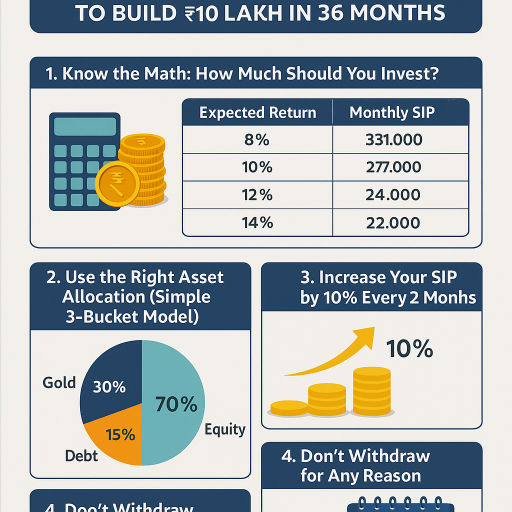 Table displaying monthly SIP amounts needed to reach ₹10 lakh in 3 years at 8 to 14 percent expected returns.
