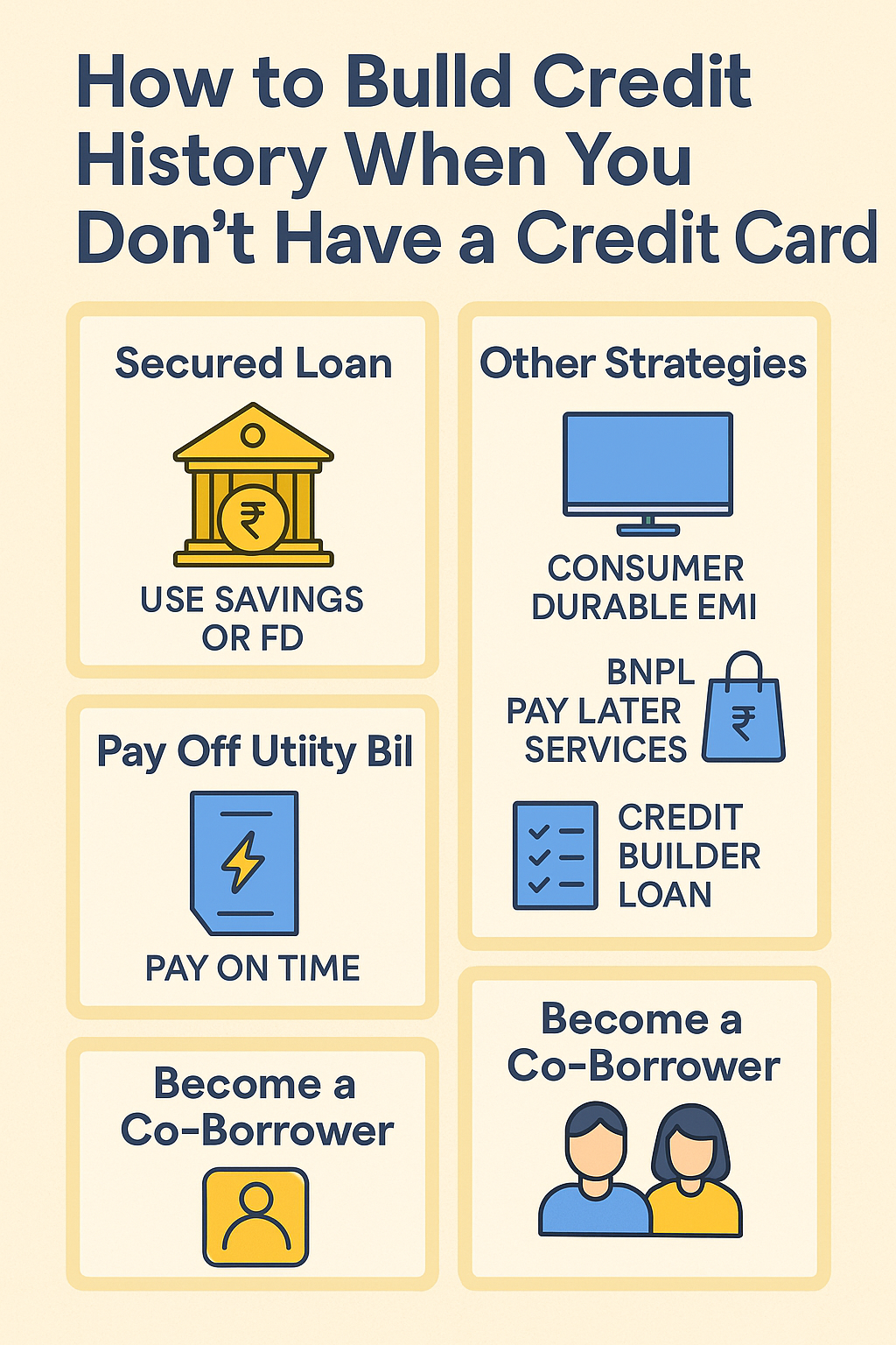 Visual showing an individual becoming a co-borrower or add-on user to build credit history without owning a credit card.