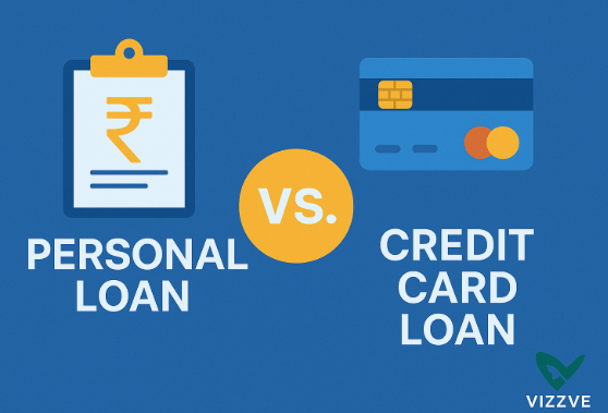 “Illustration comparing a personal loan and a credit card loan, featuring a clipboard with a rupee symbol, a credit card graphic, and the Vizzve logo on a blue background.”