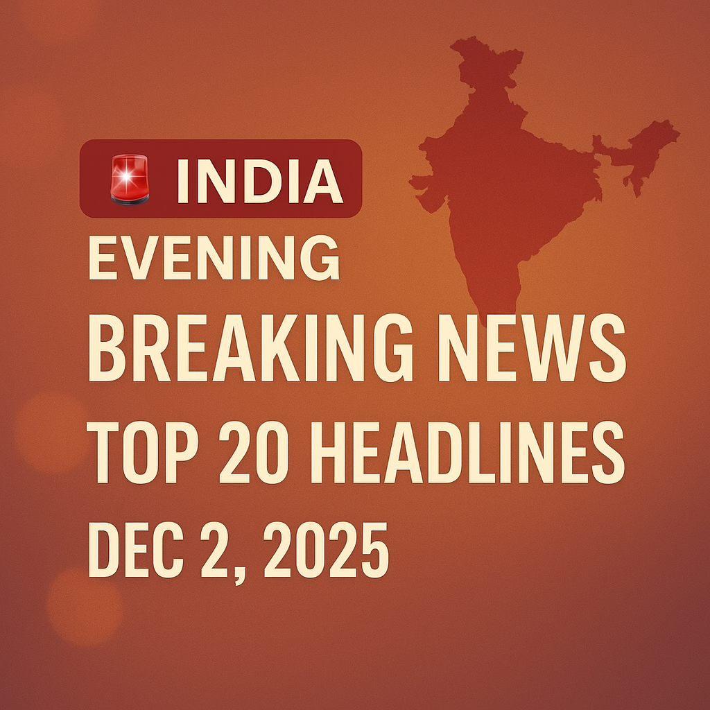Digital graphic showing ‘India Evening Breaking News: Top 20 Headlines, Dec 2, 2025’ with a red-orange gradient background and India map silhouette.