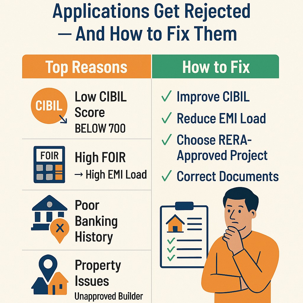 Graphic highlighting CIBIL score below 700 as a major factor in home loan rejection.