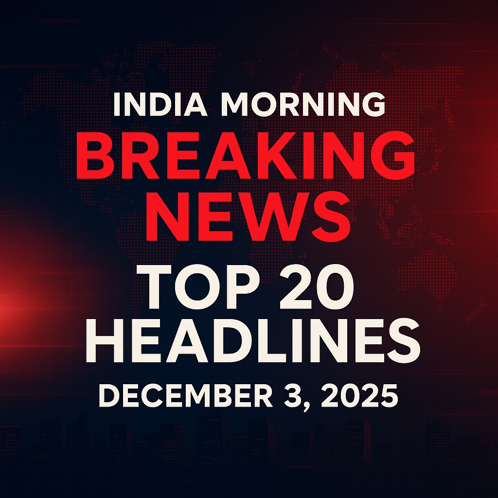 india morning breaking news banner showing Top 20 Headlines for December 3 2025 with digital red and blue news background”