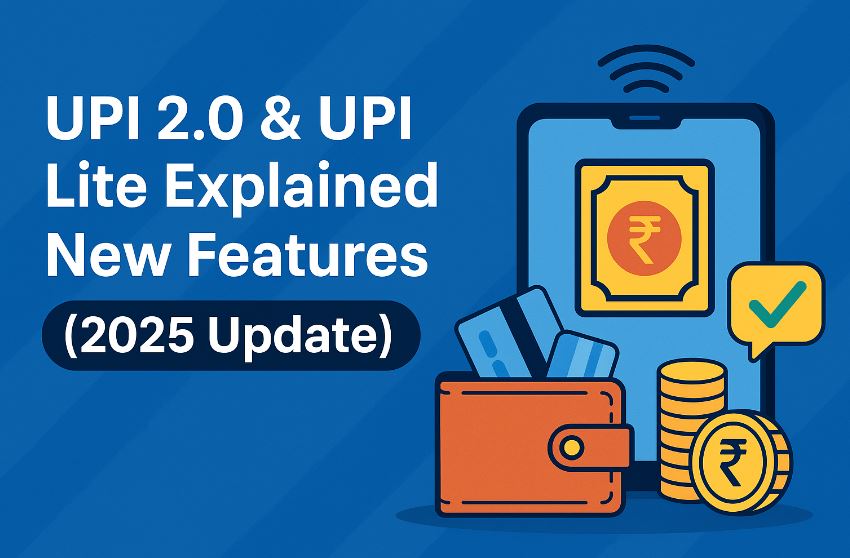 Illustration showing UPI 2.0 and UPI Lite 2025 features with a smartphone, wallet, credit cards, coins, and text “UPI 2.0 & UPI Lite Explained – New Features (2025 Update)” on a blue background.