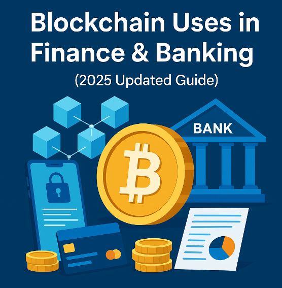 Illustration showing blockchain technology in finance and banking with digital blocks, financial icons, secure ledger visuals, and text highlighting Blockchain Uses in Finance & Banking (2025 Update).