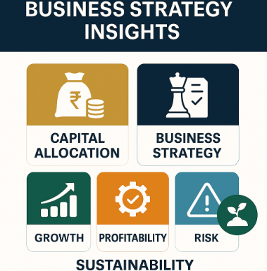 “Business strategy insights illustration showing capital allocation, growth, profitability, risk, and sustainability icons with Vizzve branding.”