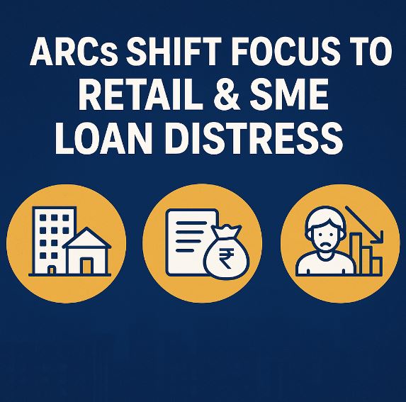 Illustration showing the shift of Asset Reconstruction Companies (ARCs) toward retail and SME loan distress, featuring icons of buildings, loan documents, money bags, and distressed borrowers on a blue background.