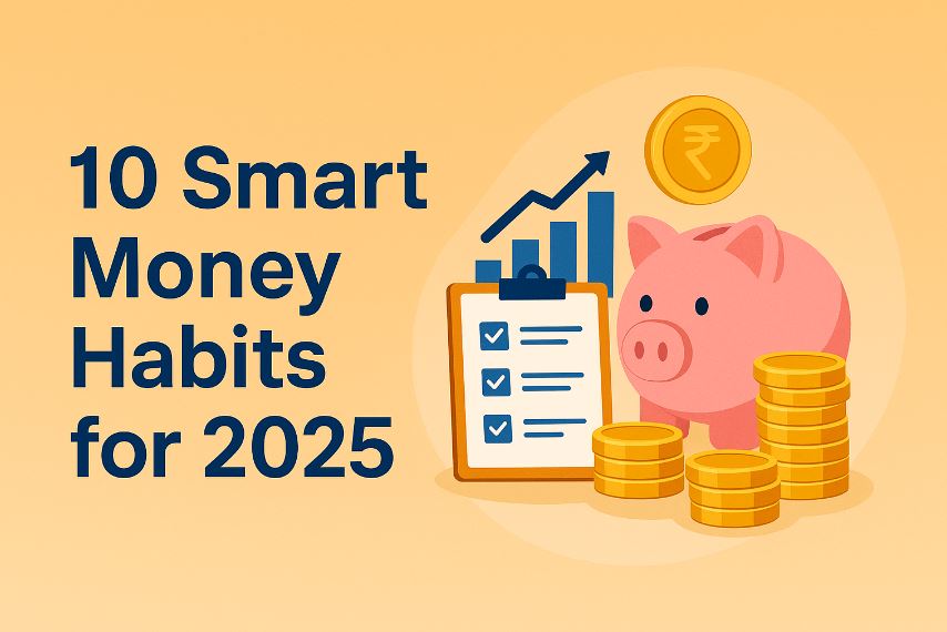Illustration of a piggy bank, coins, checklist, and growth chart with the title ‘10 Smart Money Habits for 2025’ representing financial planning and savings strategies.