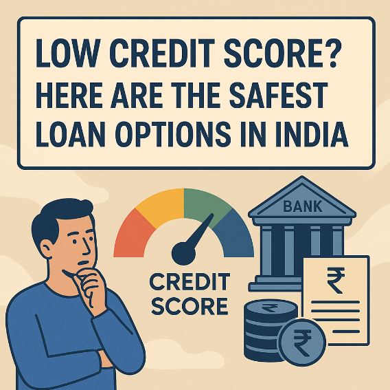 Illustration showing a low credit score meter, a bank building, rupee coins, and a person thinking, with the text βLow Credit Score? Safest Loan Options in Indiaβ.