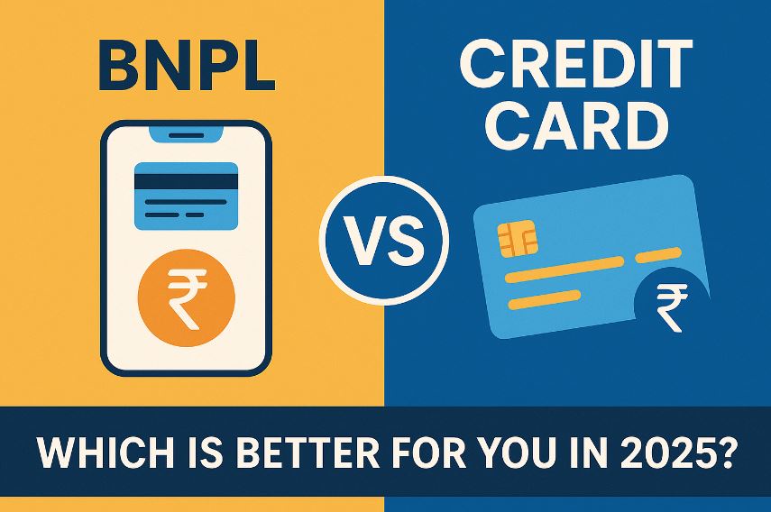 Illustration showing a credit card, BNPL mobile screen, rupee symbols, and comparison graphics with the text ‘BNPL vs Credit Card: Which Is Better in 2025?’