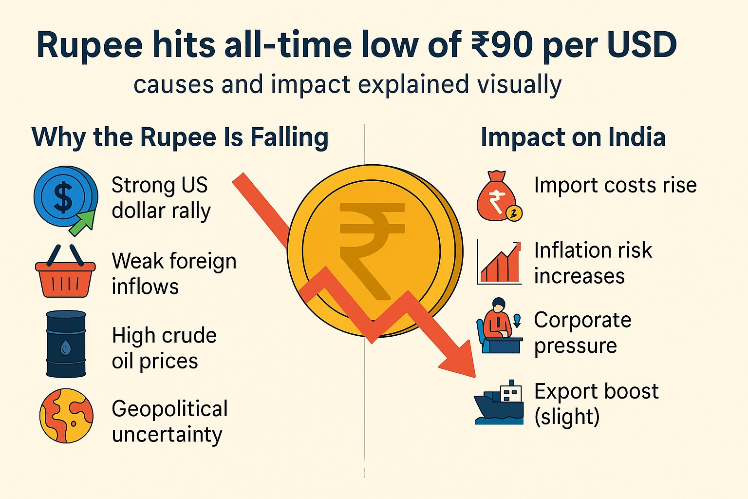 Rupee hits all-time low of ₹90 per USD — causes and impact explained visually.