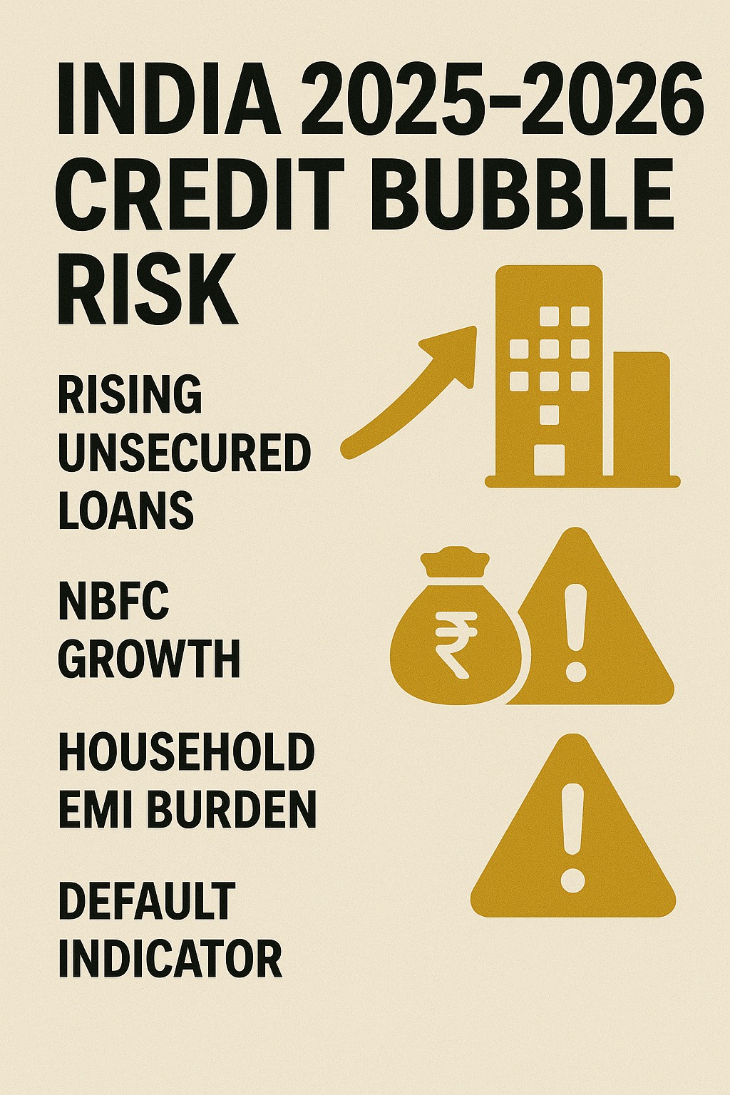 India 2025–2026 credit bubble risk chart showing rising unsecured loans, NBFC growth, household EMI burden and default indicator