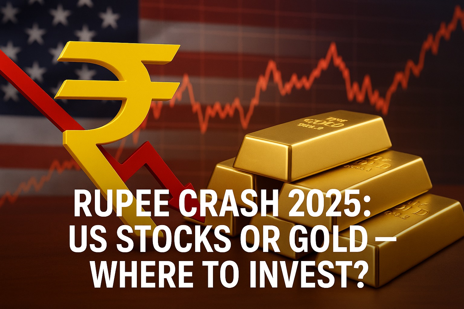2025 rupee crash visual showing INR falling against USD with comparison of gold price rise and US stock market growth as investment options for Indian investors.