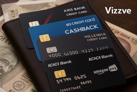 "Best credit cards in India 2025 displayed on a leather wallet with Indian currency, featuring Axis Bank, SBI Cashback, HDFC Millennia, and ICICI Amazon Pay cards with Vizzve logo."