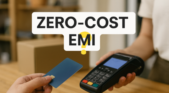 "Customer using a credit card on a POS machine with a Zero-Cost EMI question graphic and Vizzve logo, illustrating the concept of hidden EMI charges in 2025."
