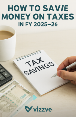 "Tax savings concept with a notepad labeled ‘TAX SAVINGS,’ Indian currency notes, calculator, coffee cup, and Vizzve logo, representing ways to save income tax in FY 2025–26."