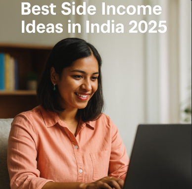 "Woman working on a laptop at home, representing best side income ideas in India 2025, with Vizzve logo included for branding."