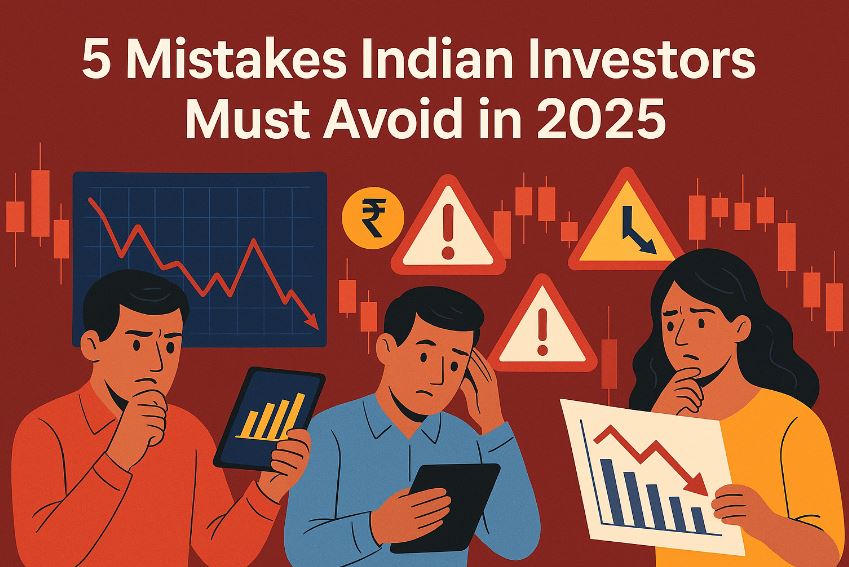 Illustration showing Indian investors analyzing market charts with warning signs representing common investment mistakes in 2025.