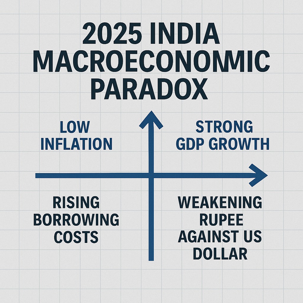 2025 India macroeconomic paradox chart showing low inflation, strong GDP growth, rising borrowing costs, and weakening rupee against US dollar