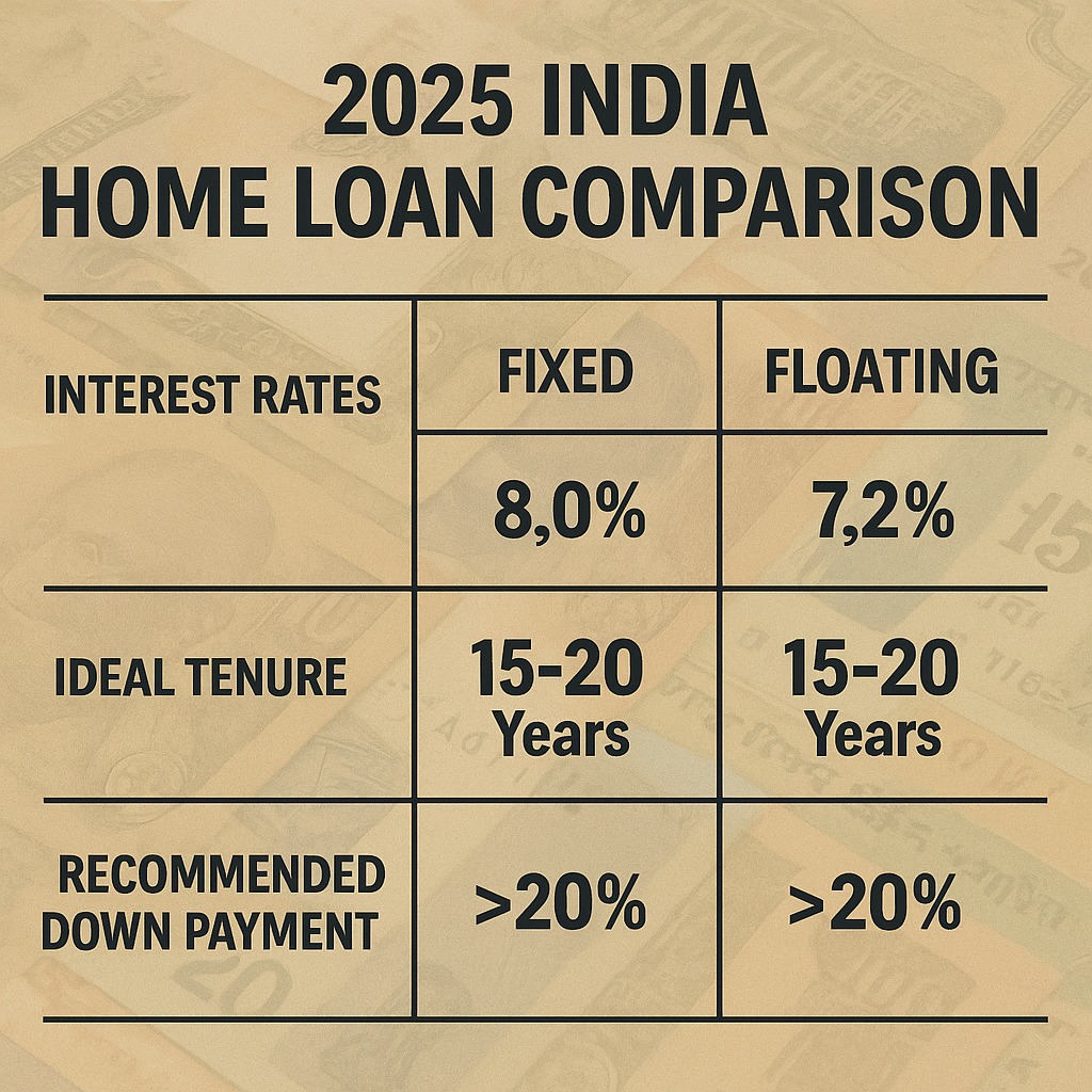 2025 India home loan comparison chart showing fixed vs floating interest rates, ideal tenure options, and recommended down payment percentages for borrowers.