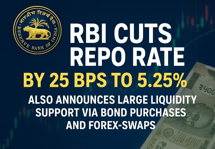 "Digital news graphic showing the Reserve Bank of India announcing a 25 basis point repo rate cut to 5.25% along with large liquidity support through bond purchases and forex swaps."