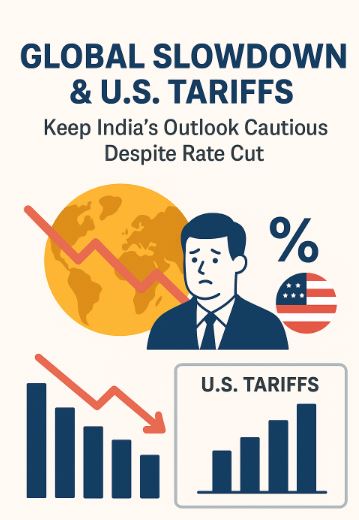 Illustration showing global slowdown and U.S. tariff impact on markets despite RBI rate cut.