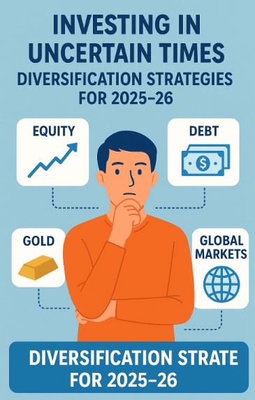 Illustration showing diversified portfolio strategy across equity, debt, gold, and global investments for 2025–26.
