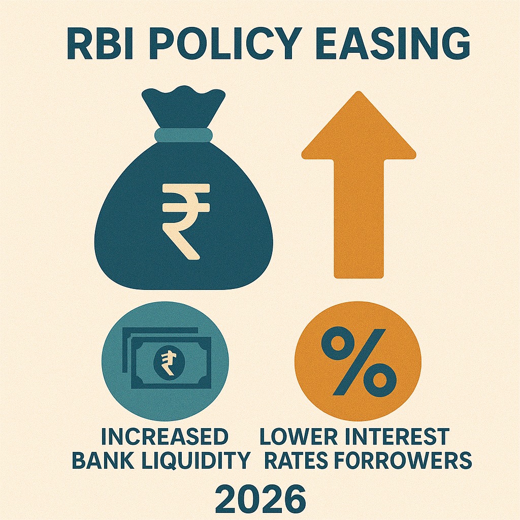 RBI policy easing graphic showing increased bank liquidity and lower interest rates for borrowers in 2026.