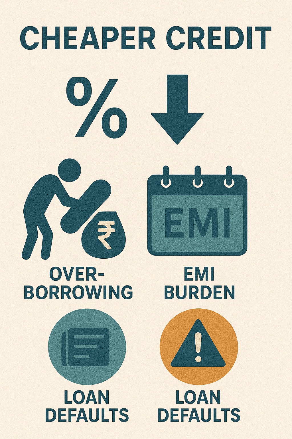 Infographic showing how cheaper credit can lead to over-borrowing, EMI burden and loan defaults.