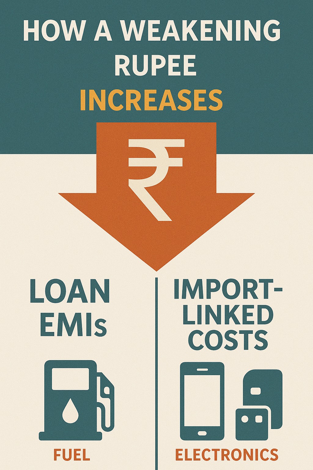 Infographic showing how a weakening rupee increases loan EMIs and import-linked costs like fuel and electronics.