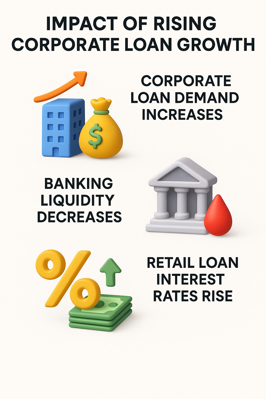 Infographic showing how rising corporate loan growth affects banking liquidity and retail loan interest rates