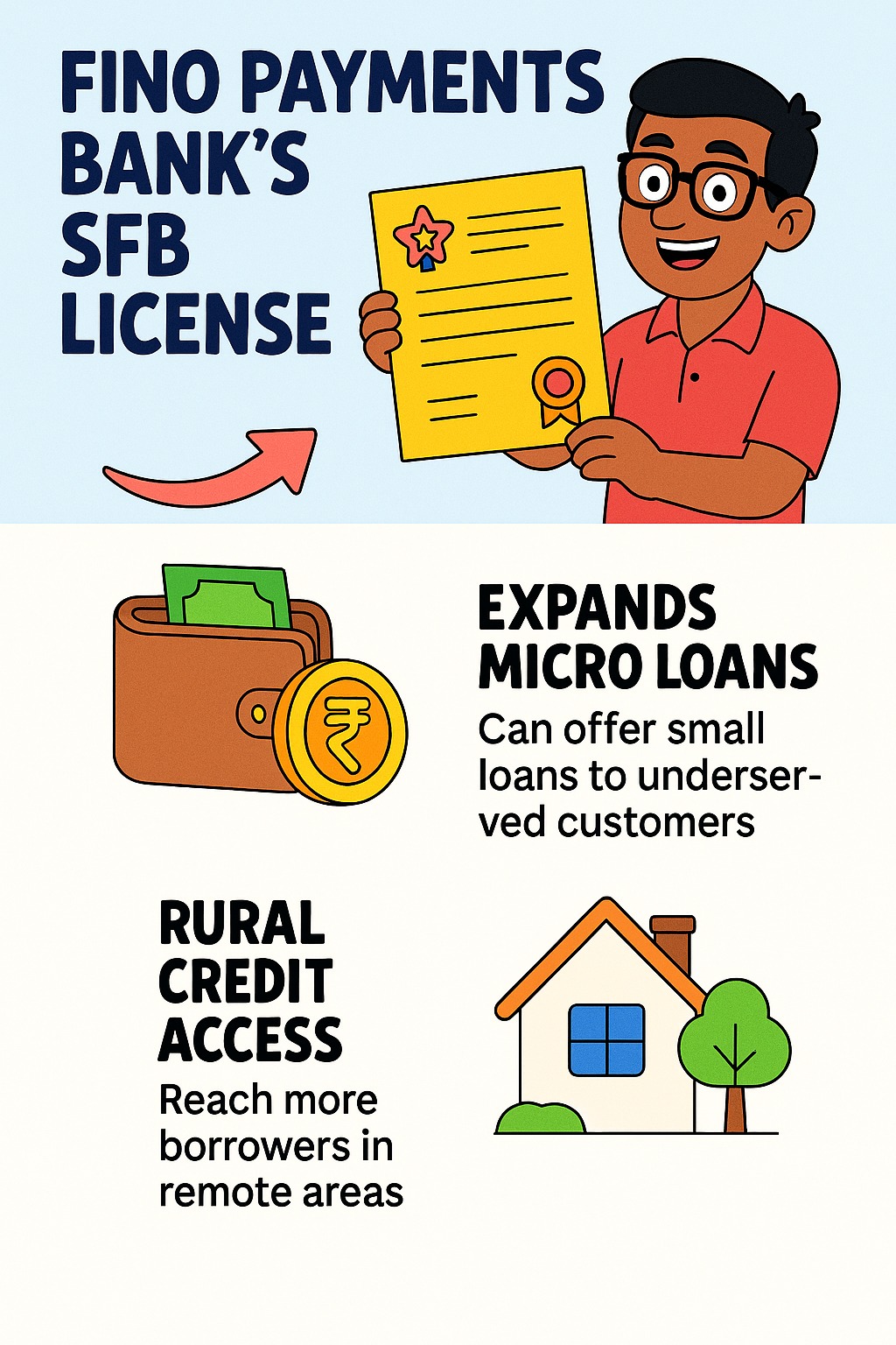 Infographic showing how Fino Payments Bank’s SFB license will expand micro loans and rural credit access.