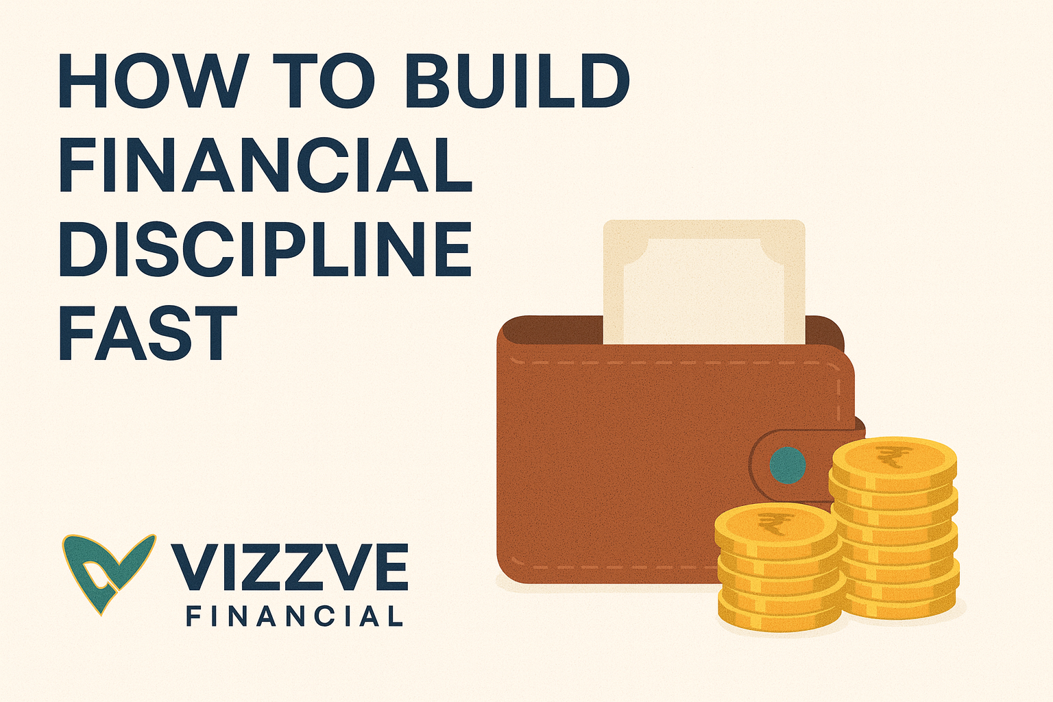 "Illustration showing a wallet with cash, stacked rupee coins, and the Vizzve Financial logo beside the title 'How to Build Financial Discipline Fast' — representing money management and financial discipline."