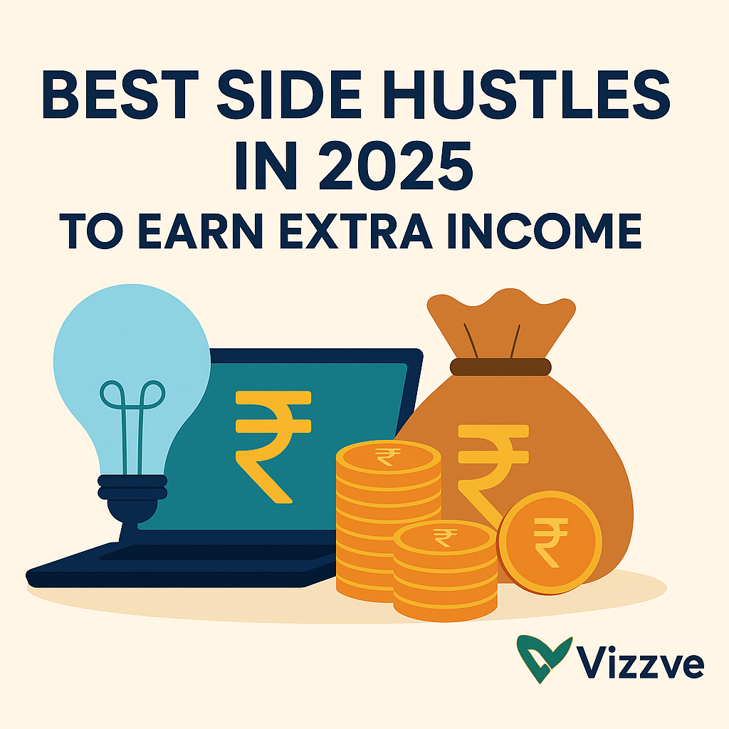 "Flat illustration showing laptop with rupee symbol, money bag, coins, light bulb idea icon, and Vizzve logo representing best side hustles in 2025 to earn extra income."
