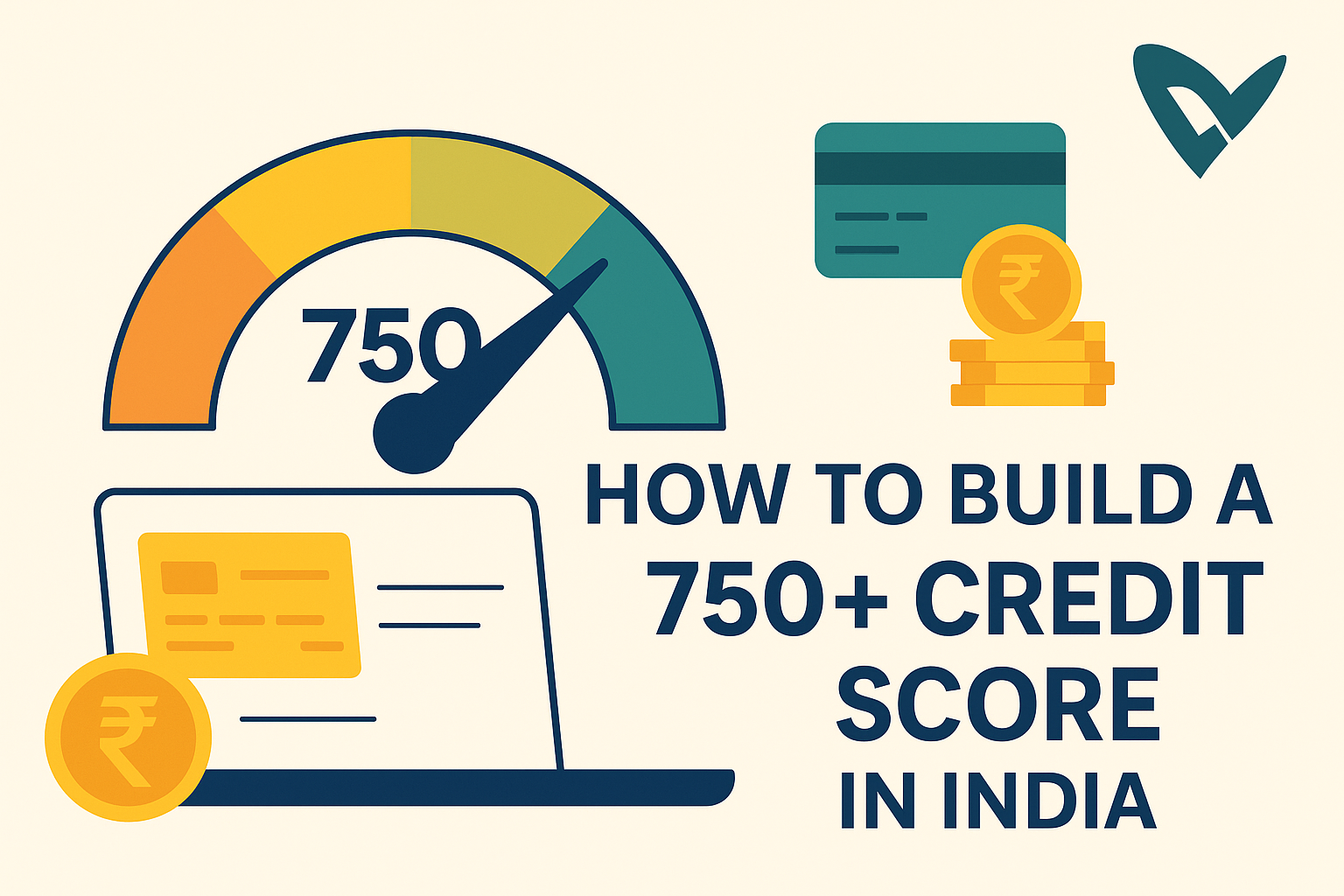 "Flat illustration showing a 750+ credit score gauge, credit cards, rupee coins, laptop, and Vizzve logo—representing how to build a high credit score in India."