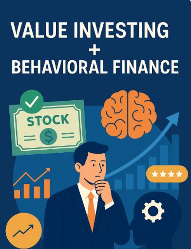 Illustration showing value investing principles with behavioral finance insights, highlighting stocks, graphs, and investor psychology concepts