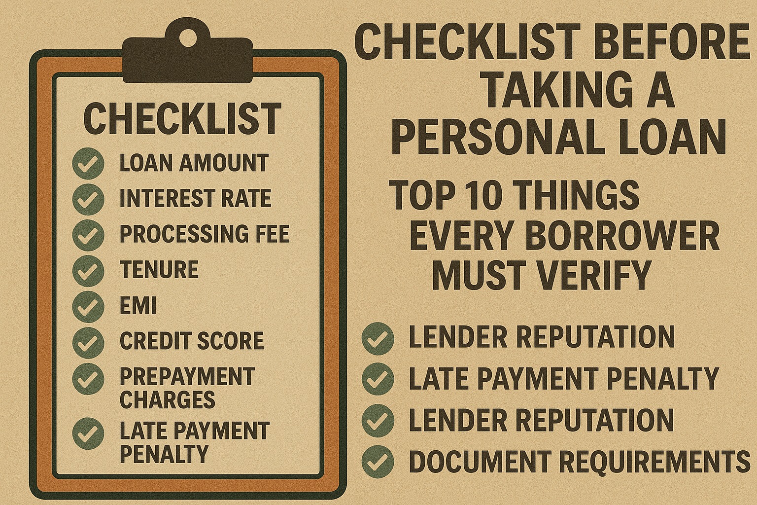 Checklist before taking a personal loan showing top 10 things every borrower must verify.