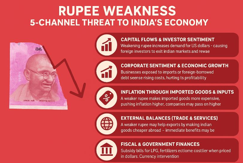 Alt text: A conceptual image showing Indian rupee note eroding with downward arrow, symbolizing rupee depreciation against USD.