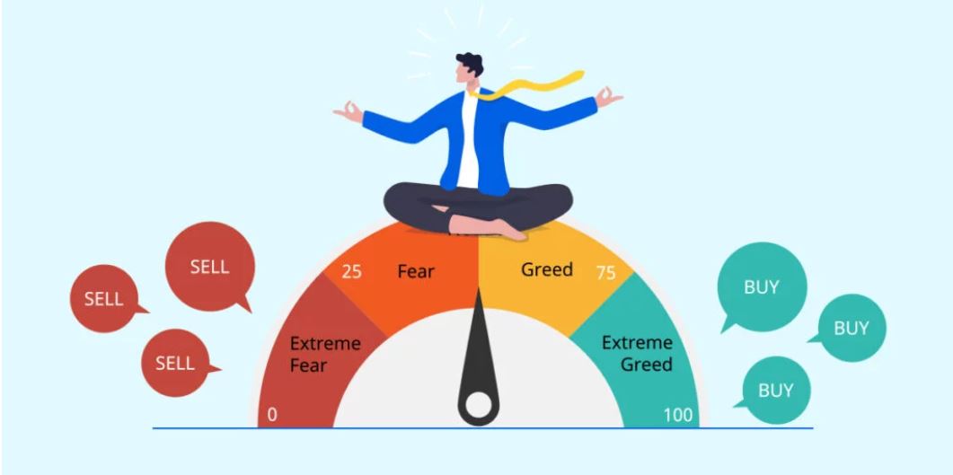 “Illustration showing the Fear and Greed concept with bull and bear market symbols representing emotional market movements.”