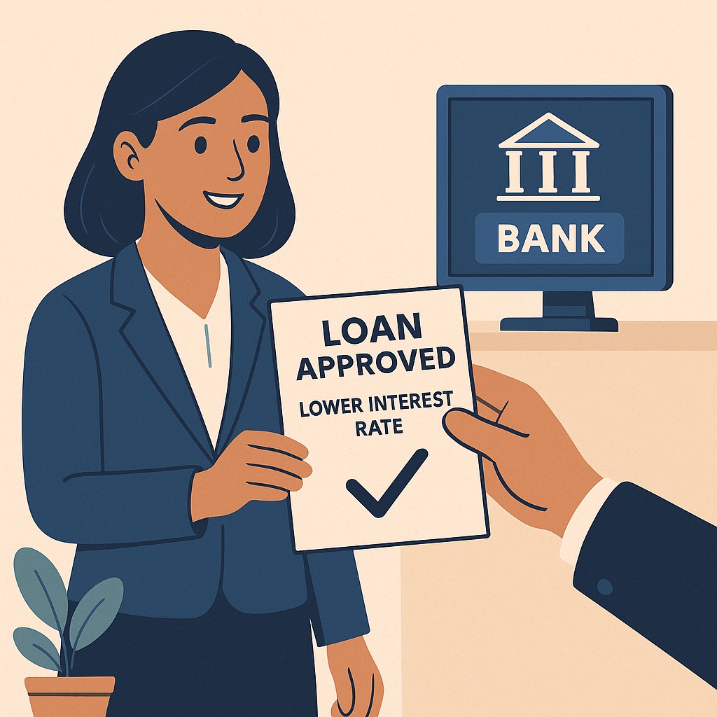 Female professional receiving lower interest rate personal loan approval from bank.