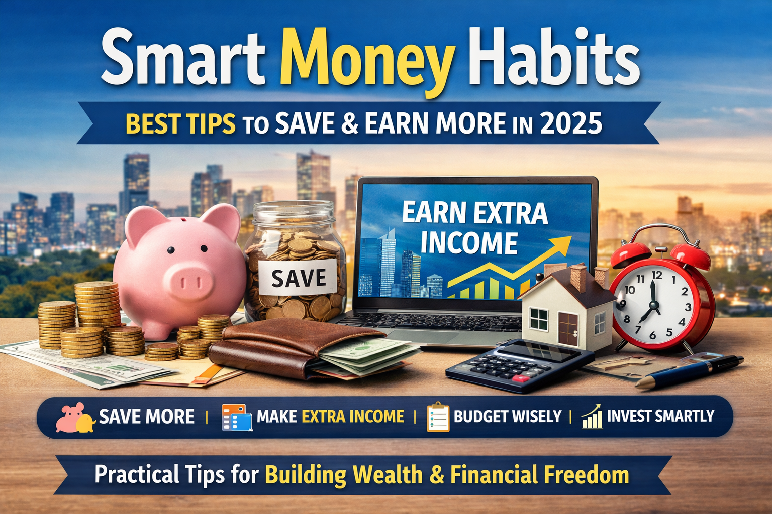 Smart money habits showing tips to save money, earn extra income, and budget wisely for financial freedom