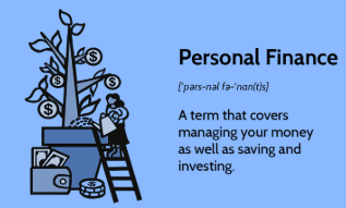 Personal finance basics showing budgeting, credit card management, saving, investing, and retirement planning