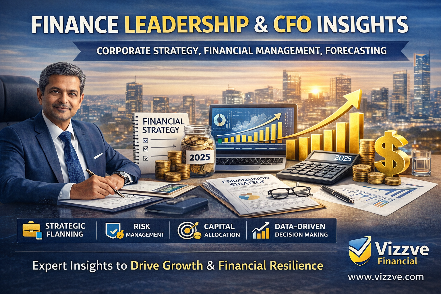 Finance leadership and CFO insights banner showing corporate finance strategy, financial growth charts, and Vizzve Financial branding