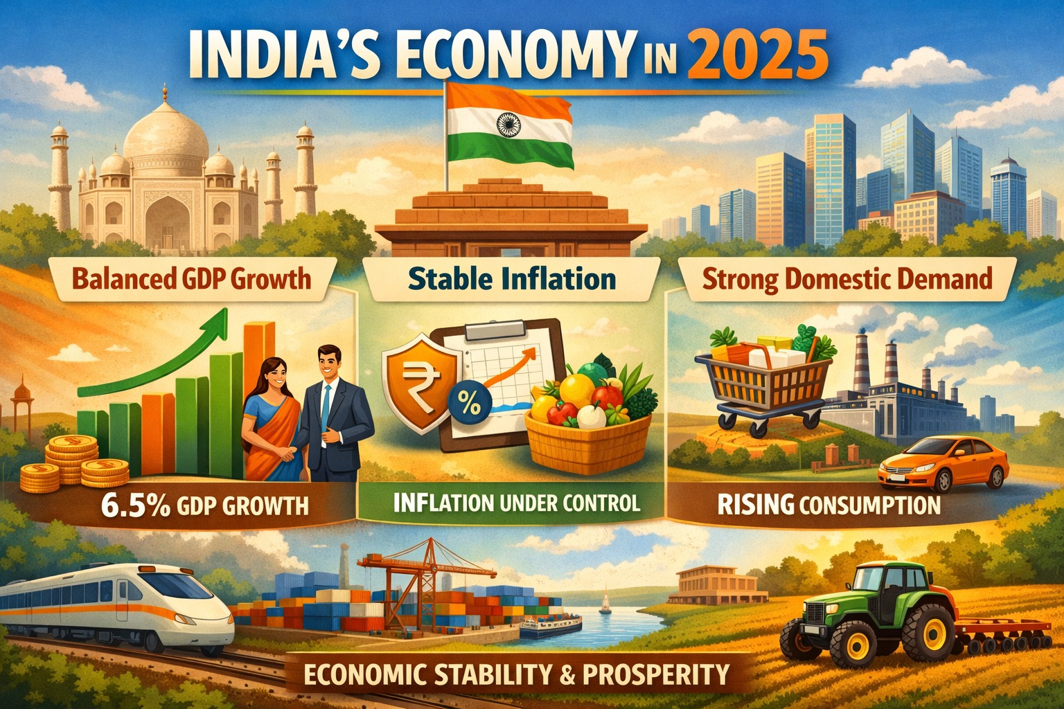 India’s economy in 2025 showing balanced GDP growth, stable inflation, and strong domestic demand
