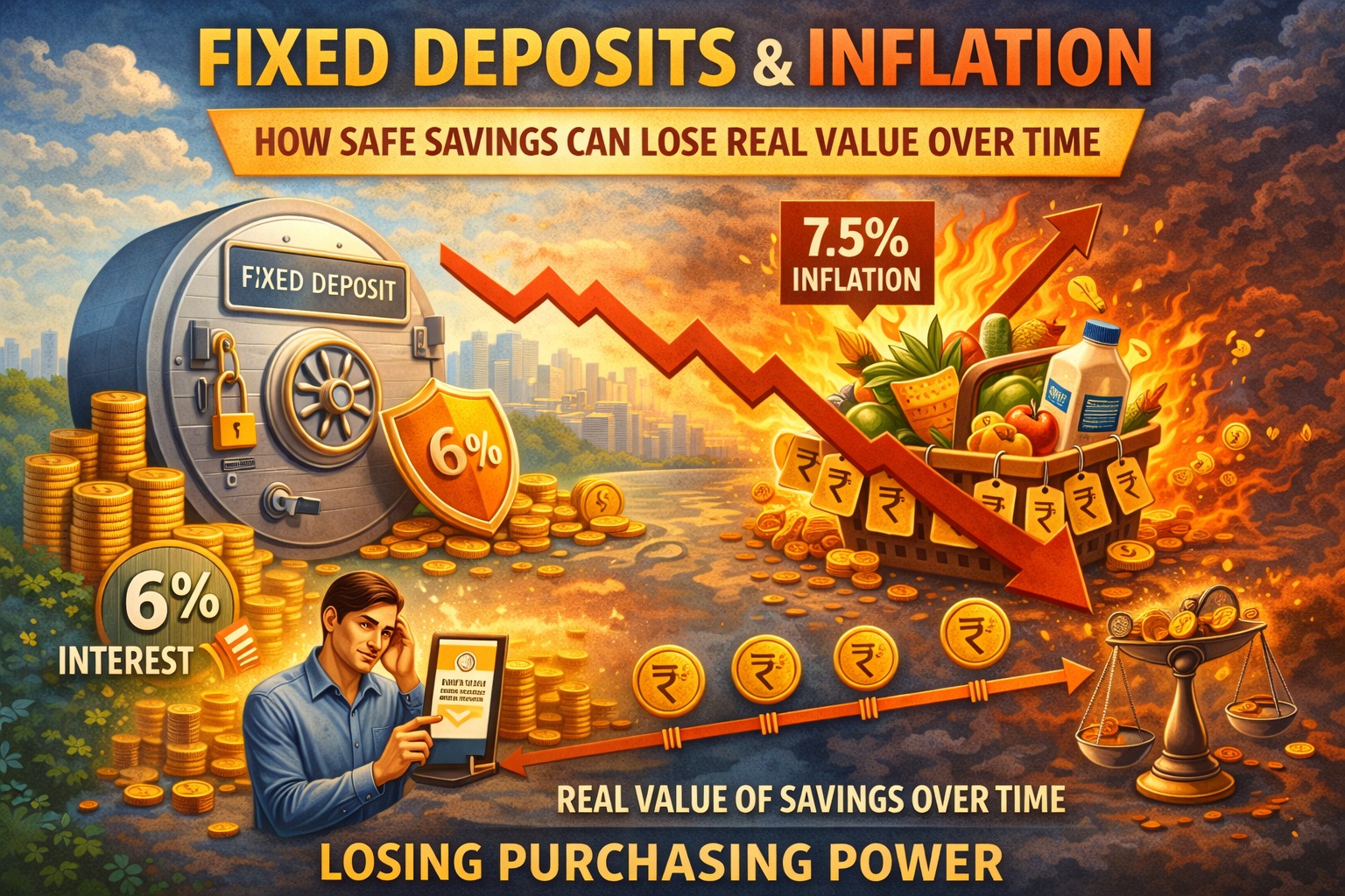 Fixed deposits and inflation concept showing how safe savings can lose real value over time