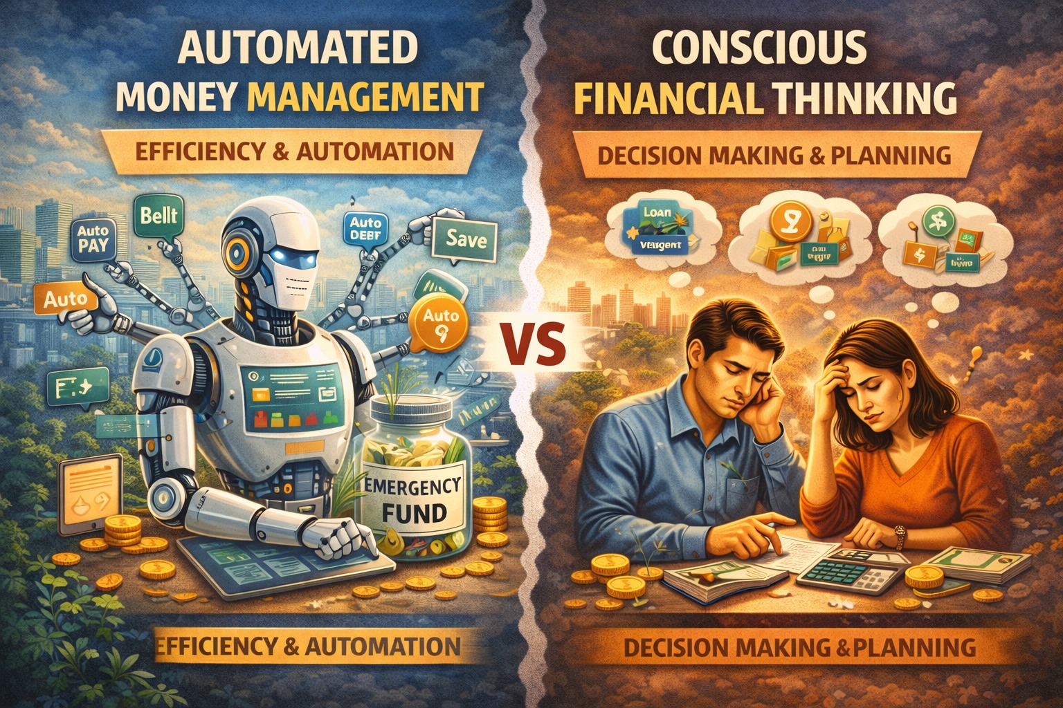 Automated money management contrasted with the need for conscious financial thinking